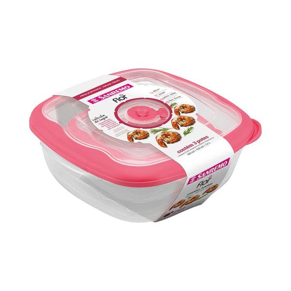 Conjunto de Potes Sanremo Flor em Plástico com Tampa Rosa Quadrado com 3 Peças Conjunto de Potes Sanremo Flor em Plástico com Tampa Rosa Quadrado com 3 Peças