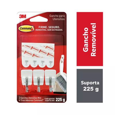 Gancho 3M Adesivo Command Utensil Hook com 3 Até 225g Branco