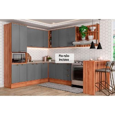 Kit Cozinha Modulada 9 Peças Bella 3 Aéreos + 3 Balcões + 1 Torre Quente+1ilha + 1 Complemento C9p199 Nogal Cinza-carraro