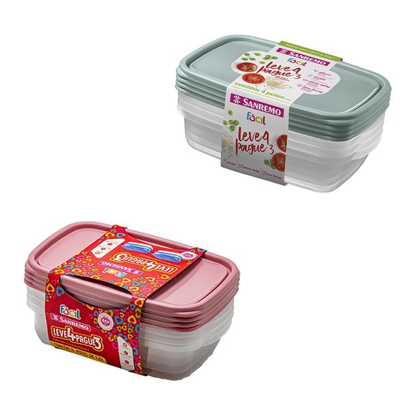 Conjunto de Potes Sanremo Fácil em Plástico Retangular 1,8L Leve 4 e Pague 3 - Item Sortido