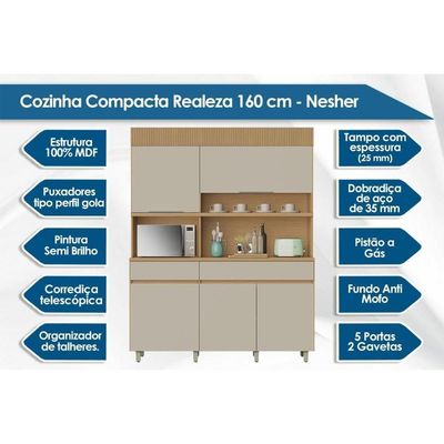 Cozinha Compacta Realeza Com 5 Portas E 2 Gavetas 160cm Carvalho Cinza