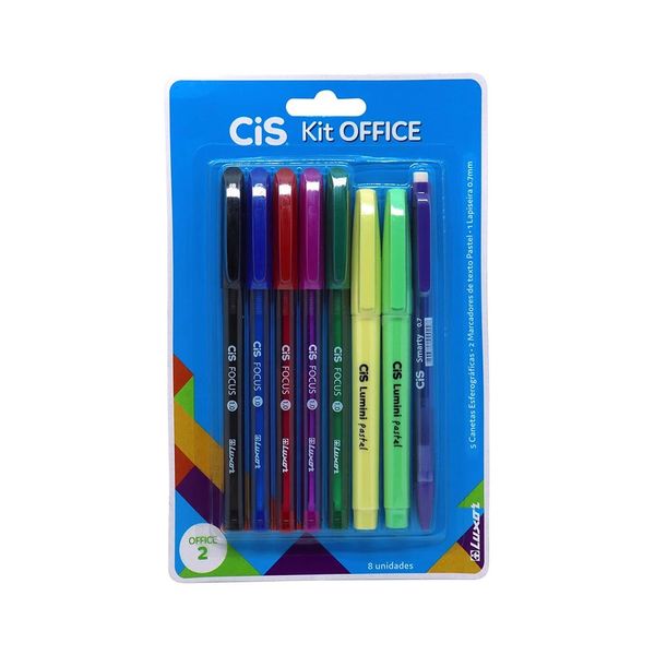 Kit Escrita Office Cis Multicor com 5 Canetas, 2 Marcadores de Textos Tons Pastel e Lapiseira 0.7mm