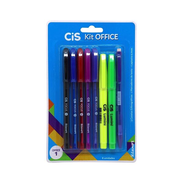 Kit Escrita Office Cis Multicor com 5 Canetas, 2 Marcadores de Textos e 1 Lapiseira 0.7mm