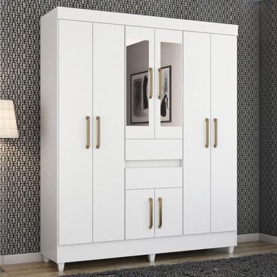 Kit Guarda Roupa Casal Com Espelho 8 Portas Munique Cômoda Astral Branco