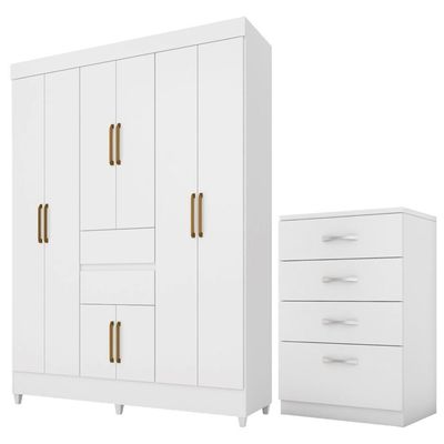 Kit Guarda Roupa Casal Com Espelho 8 Portas Munique Cômoda Astral Branco
