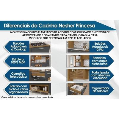 Bancada Ilha Cozinha Princesa Com 2 Portas E 3 Gavetas 200cm Freijó Grafite