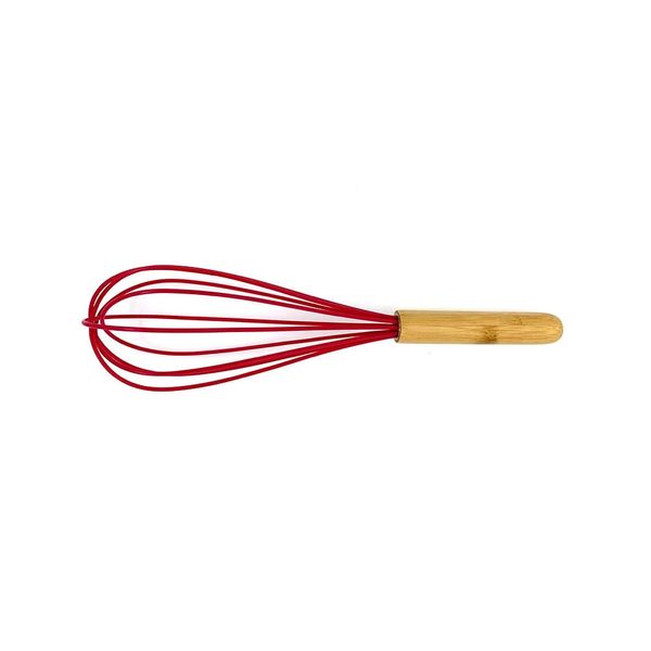 Batedor Manual de Massas ou Ovos Le Bamboo em Silicone Vermelho com Cabo de Madeira