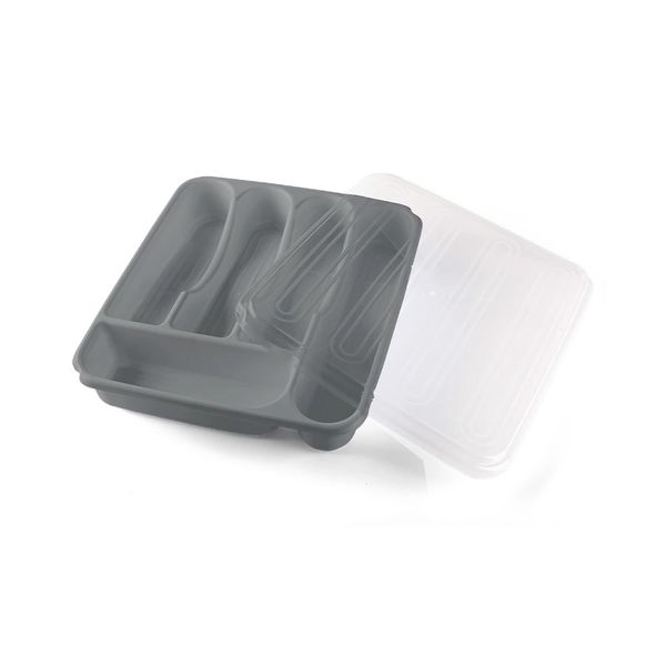 Porta Talheres Organizador de Gaveta Plasvale com Tampa Cinza em Polipropileno 33,7x29,7x6,6cm