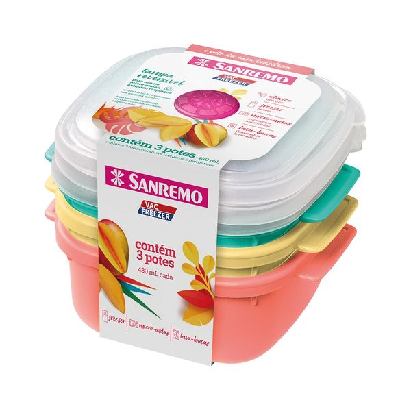 Conjunto de Potes Sanremo em Plástico Colorida Quadrado com 3 Peças 480ml