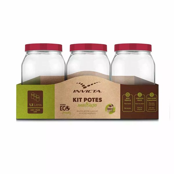 Conjunto de Potes para Mantimentos Invicta Liso Vermelho 1,3l com 3 Peças Conjunto de Potes para Mantimentos Invicta Liso Vermelho 1,3l com 3 Peças