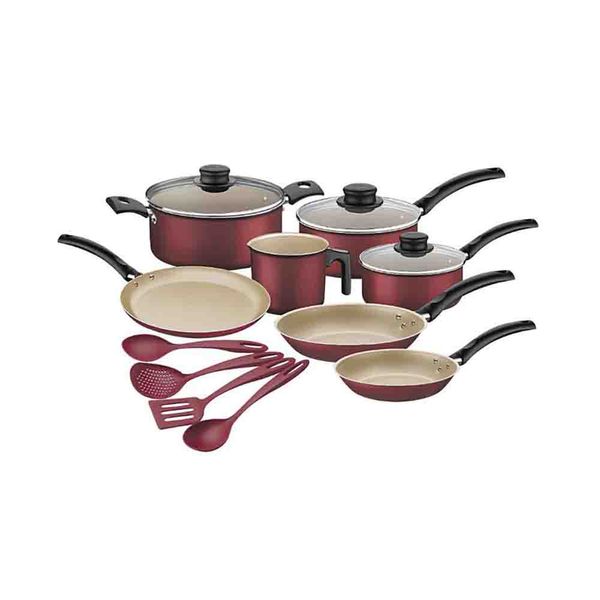 Conjunto de Panelas e Utensílios Antiaderente com Tampa de Vidro Tramontina Turim Cereja 11 Peças Conjunto de Panelas e Utensílios Antiaderente com Tampa de Vidro Tramontina Turim Cereja 11 Peças