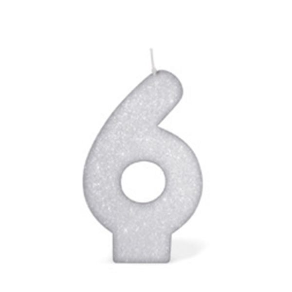 Vela de Aniversário Silver com Gliter Número 6 Branco