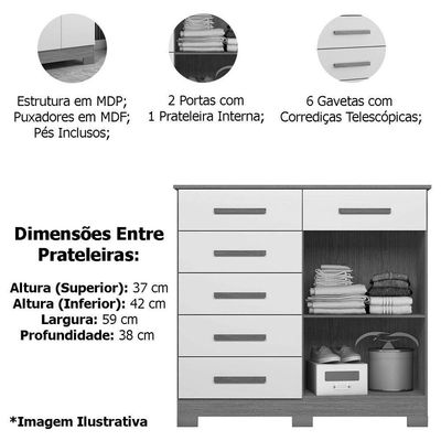 Cômoda Sapateira Mandarim 6 Gavetas 2 Portas Mdp Cinamomo Off White