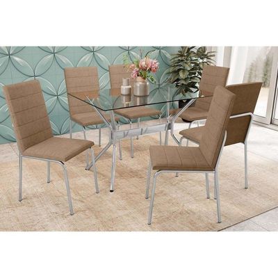 Conjunto Mesa Sala Jantar Loire Com Tampo De Vidro 120x80cm E 6 Cadeiras Amsterdã Cromada Capuccino Kappesberg