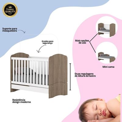 Berço Mini Cama 2 Em 1 Bala De Menta Rústico Branco