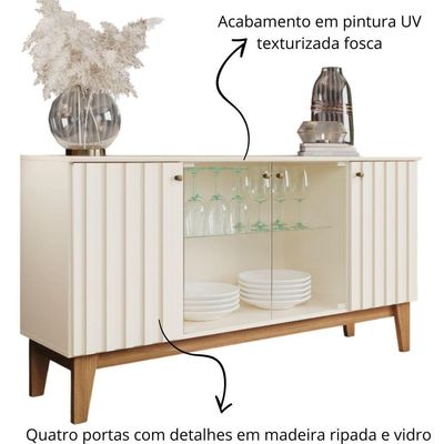 Aparador Buffet 4 Portas Ripado Com Vidro Eiffel - Off White / Nature