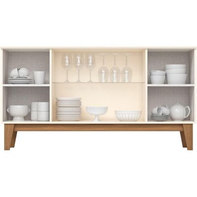 Aparador Buffet 4 Portas Ripado Com Vidro Eiffel - Off White / Nature