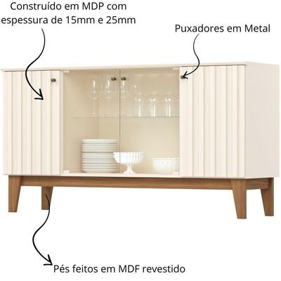 Aparador Buffet 4 Portas Ripado Com Vidro Eiffel - Off White / Nature