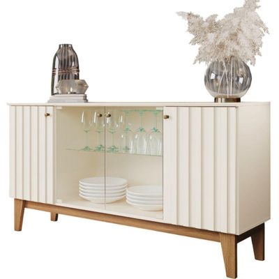Aparador Buffet 4 Portas Ripado Com Vidro Eiffel - Off White / Nature