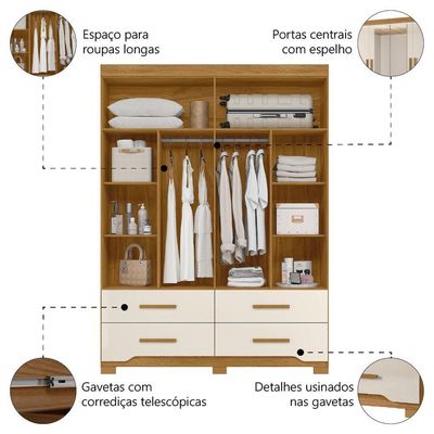 Guarda Roupas Casal Com Espelho 4 Portas 4 Gavetas Miami Madeirado Off White