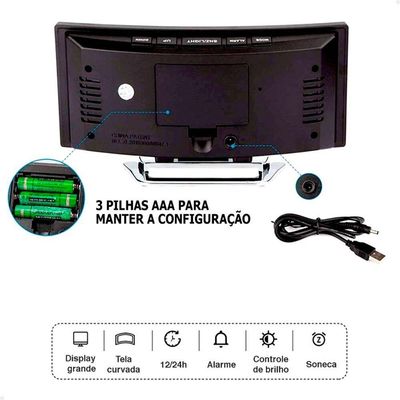 Relógio Digital Led Lorben Alarme Curvado Espelhado Mesa Criado Mudo Cabeçeira
