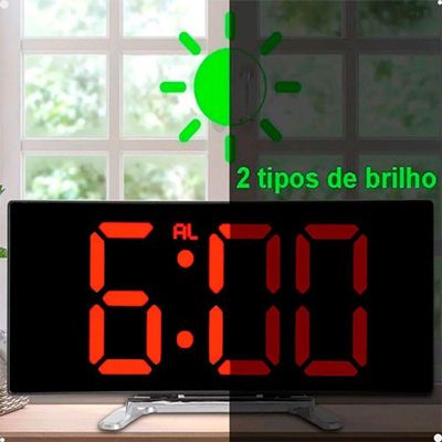 Relógio Digital Led Lorben Alarme Curvado Espelhado Mesa Criado Mudo Cabeçeira