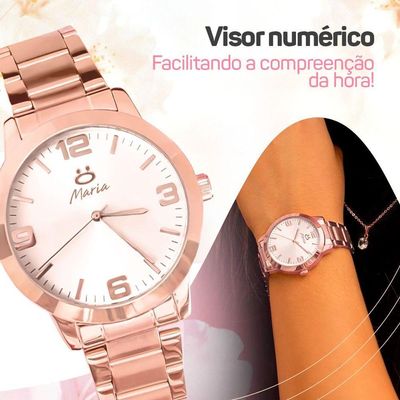 Relogio Feminino Aço Banhado Rose + Caixa + Brincos Colar Qualidade Premium Strass Inoxidável Casual