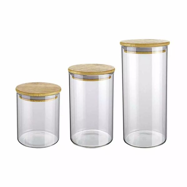 Conjunto de Potes Euro Slim de Vidro Redondo com Tampa de Bambu com 3 Peças Conjunto de Potes Euro Slim de Vidro Redondo com Tampa de Bambu com 3 Peças