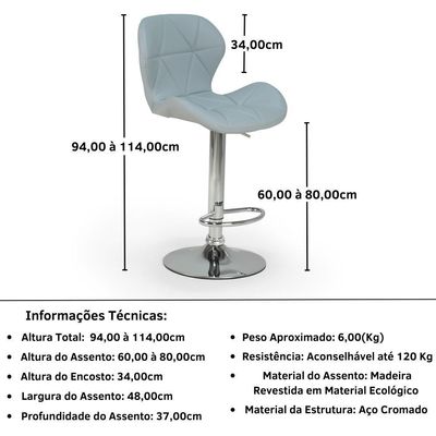 Kit 08 Banquetas Slim Estofada Giratória Com Regulagem De Altura - Cinza