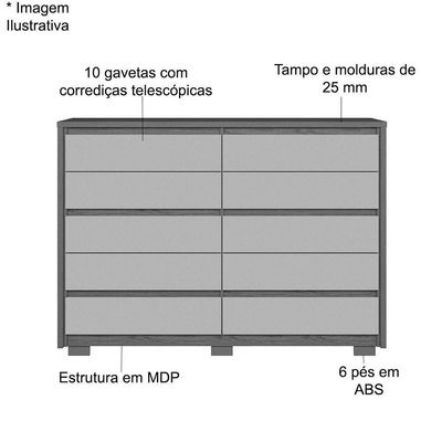 Cômoda Grande 10 Gavetas e Pés Mdp Duello Cinamomo Off White