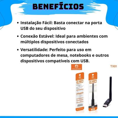 Adaptador Wifi Receptor Wireless Usb Antena 40mbps Tx01