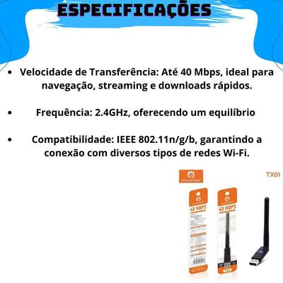 Adaptador Wifi Receptor Wireless Usb Antena 40mbps Tx01