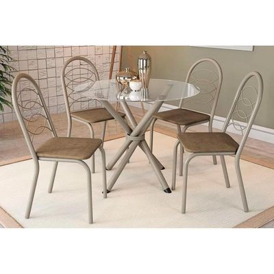 Conjunto Mesa Sala Jantar Volga Com Tampo De Vidro 95cm E 4 Cadeiras Holanda Niquel Capuccino Kappesberg