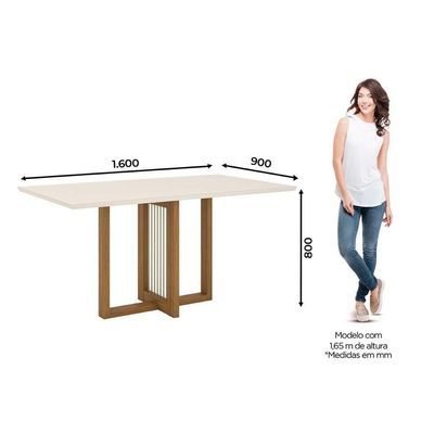 Conjunto Mesa Sala Jantar Natalí Com Tampo Madeirado Com Vidro Reto 160x90cm E 6 Cadeiras Vita Nature Linho Henn