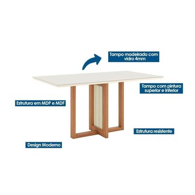 Conjunto Mesa Sala Jantar Natalí Com Tampo Madeirado Com Vidro Reto 160x90cm E 6 Cadeiras Vita Nature Linho Henn