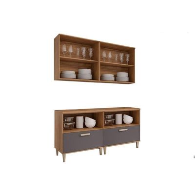 Cozinha Modulada Completa Bella 4 Peças 2 Aéreos + 2 Balcões 160cm Freijó Titanium