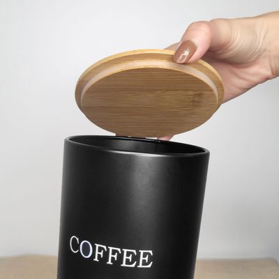 Porta Pao Pote Cafe Açucar Aço Preto Tampa Bambu 3un