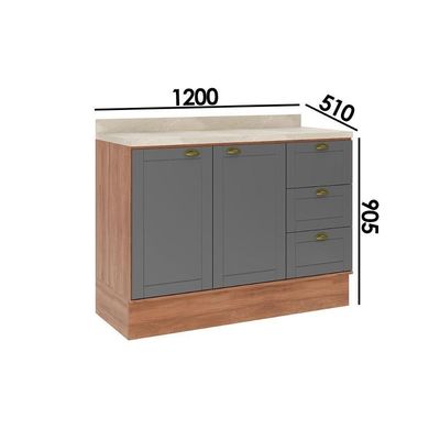 Balcão De Cozinha Modulado Com Tampo Bella 2608 Com 2 Portas E 3 Gavetas 120cm Nogal Cinza