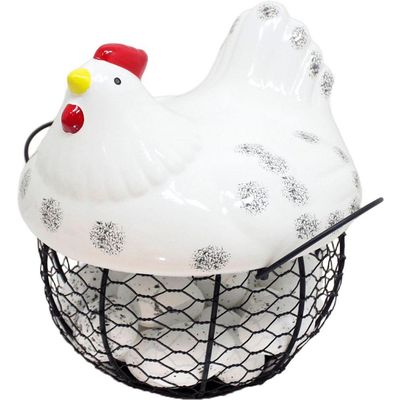 Cesto Galinha Porta Ovos Decorativo Cerâmica 12 Ovos Branco