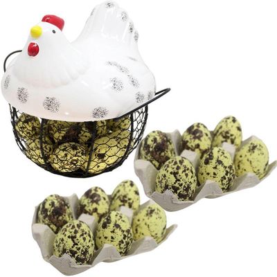 Cesto Galinha Porta Ovos Decorativo Cerâmica 18 Ovos Amarelo
