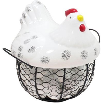 Cesto Galinha Porta Ovos Decorativo Cerâmica 12 Ovos Branco