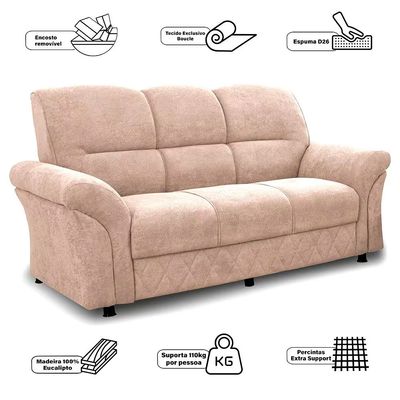 Sofá 3 Lugares Cama inBox Mourato com 187cm de Largura e Revestido em Bouclé Bege Claro
