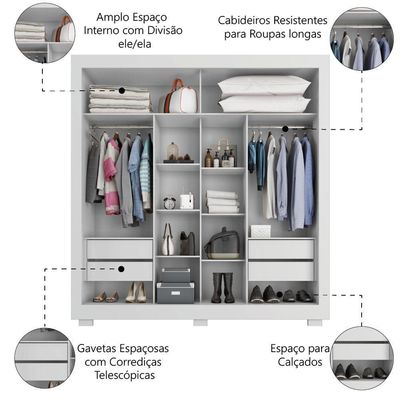 Guarda Roupas Casal Com Espelho 2 Portas De Correr 4 Gavetas Titanium Zanzini Branco