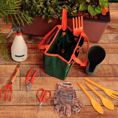 Kit para Jardinagem Tramontina com Bolsa em Lona 13 Peças Cinza com Laranja