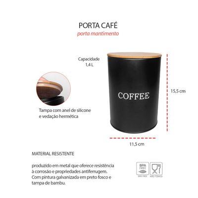 Pote Cafe Porta Mantimento Aço Preto Tampa Bambu Lata 1,4L