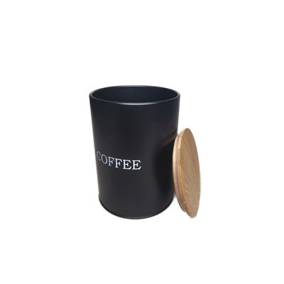 Pote Cafe Porta Mantimento Aço Preto Tampa Bambu Lata 1,4L