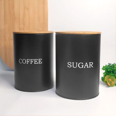 Pote Cafe Açucar Porta Mantimento Aço Preto Tampa Bambu Lata
