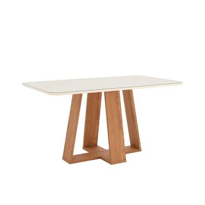 Conjunto Mesa De Cozinha Lins Com Tampo Madeirado Com Vidro Curvo 160x90cm E 6 Cadeiras Esther Nature Linho Cacao Henn