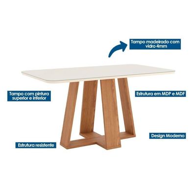 Conjunto Mesa De Cozinha Lins Com Tampo Madeirado Com Vidro Curvo 160x90cm E 6 Cadeiras Esther Nature Linho Cacao Henn