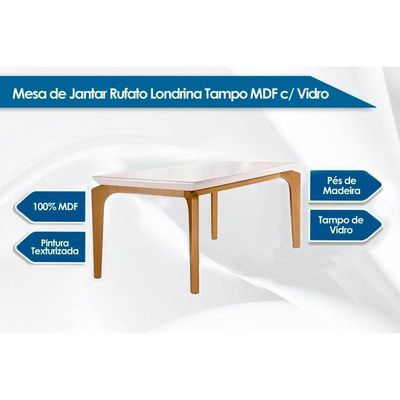 Conjunto Mesa De Cozinha Londrina Tampo Madeirado Com Vidro 120x80cm E 4 Cadeiras Jade Capuccino Suede Creme Rufato
